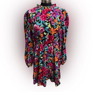 Women’s Mock Neck Long Sleeve Floral Print Ruffle Short Dress - XL Plus